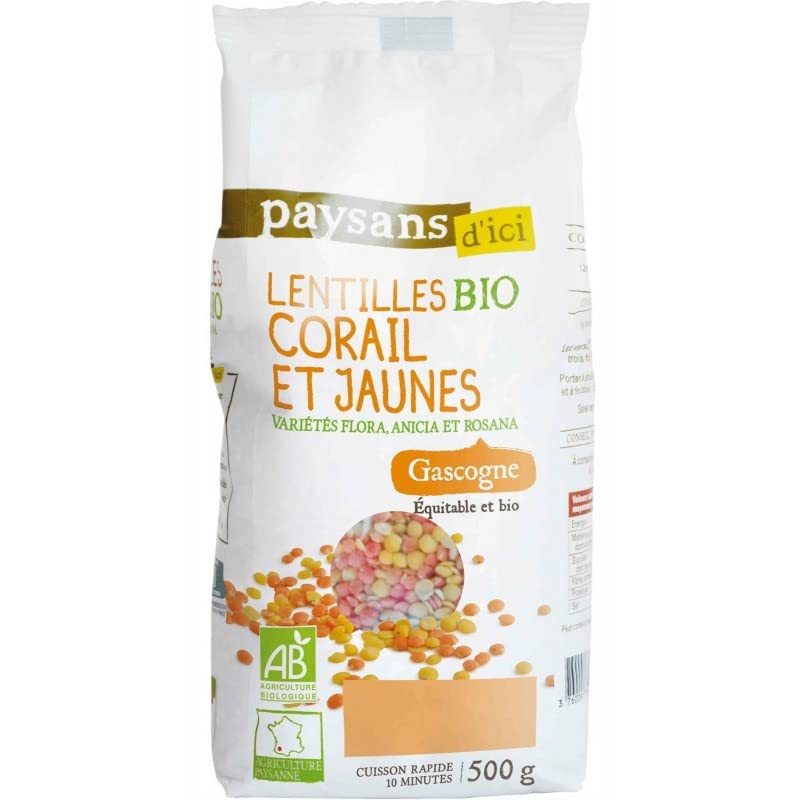 Légumineuses biologiques riches en nutriments - Duo de lentilles corail et jaunes de Paysans d'Ici, 500g - Lot De 3 - Vendu Par Lot