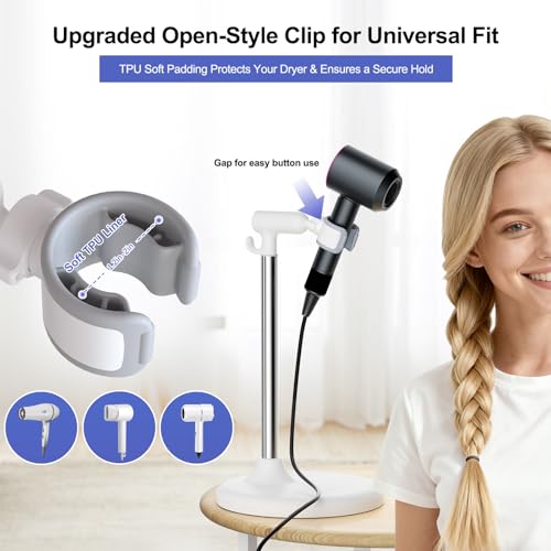 Hair Dryer Stand with 360 Rotating Head, Hands Free, Large Hook,Heavy Duty Base, Adjustable Height, TPU Padded Clip, Aluminum Alloy Holder for Home or Salon (White) by SENWELL-KA - Image 3