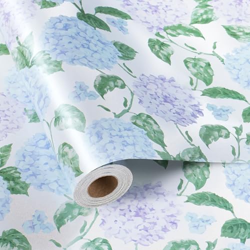 LaRibbons Floral Wrapping Paper Mini Roll Blue & Purple Watercolor Hydrangea on Pearlescent Background Elegant Gift Wrap for Valentines Day Wedding Bridal Shower 17 x 33