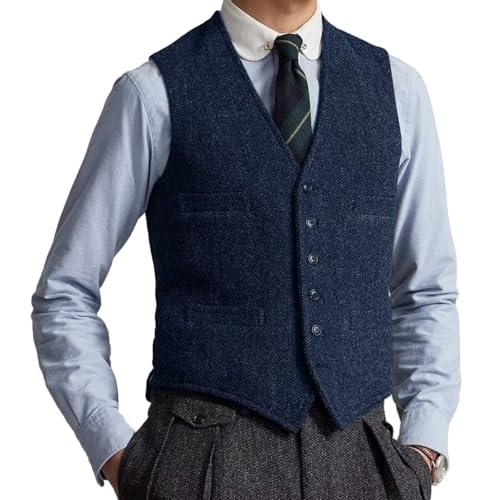 Mens Suit Wool Blend Vests Casual Herringbone Tweed Slim Fit Single-Breasted Waistcoat for Wedding Groomsmen