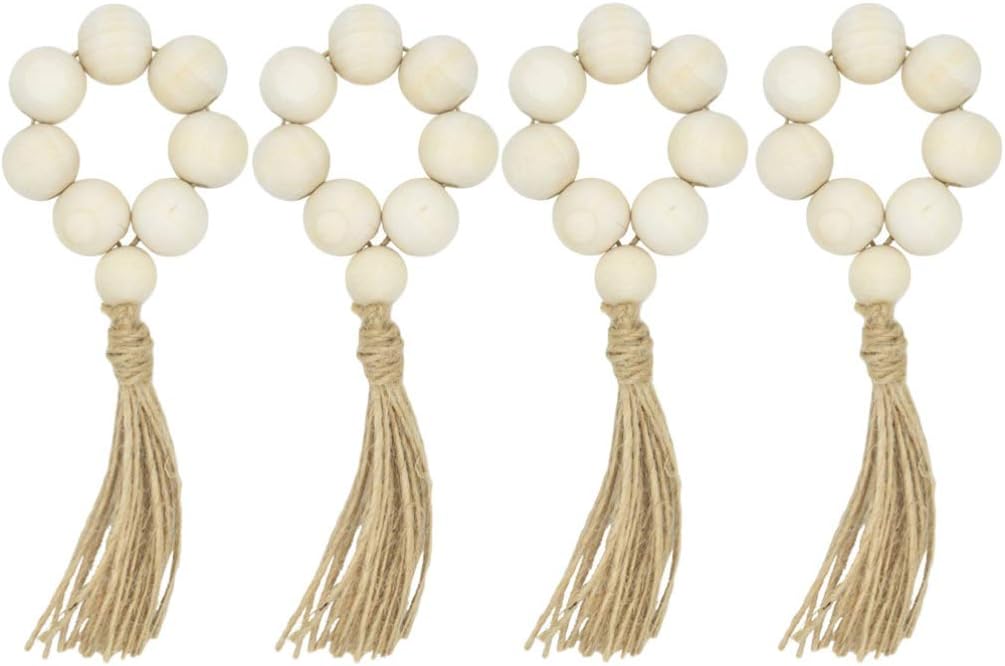 EXCEART 4pcs Tassel Beaded Napkin Ring Wooden Napkin Buckle Natural Wood Beaded Napkin Buckle Handmade Wooden Bead Napkin Rings Tassel Wood Napkin Buckle Dining Napkin Buckle for Desktop Decoration