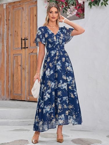 Image of Simplee Women's Boho Floral Maxi Dress Flowy Casual V Neck Short Sleeve Wedding Guest Holiday Beach Long Dress