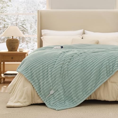 Image of Bedsure Heated Blanket Full Size - Thick Striped Fast Heating Electric Blanket with Preheat Function, 6 Heat & 6 Timer (Up to 10H), 8H Auto Off, ETL Certified, Gift for Grandma (72 inchx84 inch, Green)
