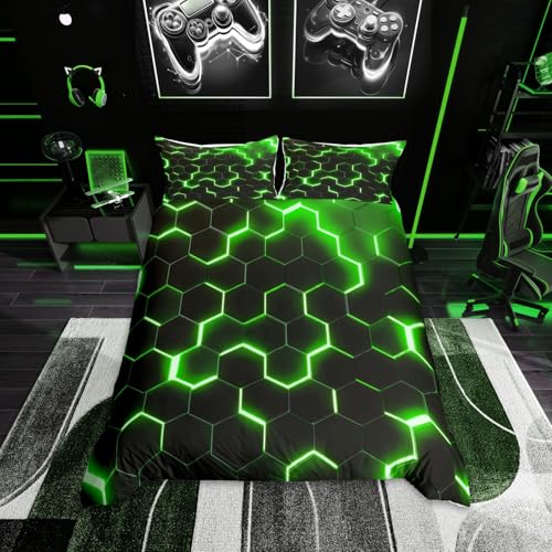 Geometrische Bettbezug 135x200,Teen Boys Grün Schwarz Neon Licht...