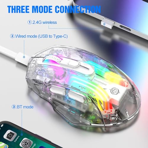 Image of Bluetooth Wireless Mouse,Tri-Mode 2.4G /USB-C, Up to 3600 DPI,Transparent Mechanical Gaming Mouse,Chroma RGB Backlit, Must-Have Cool USB Computer Mouse for Gaming and Esports (Black)