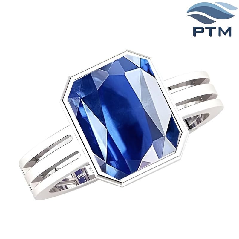 Image of PTM Natural Blue Sapphire /Neelam 3.25 Ratti to 10.25 Ratti or 3 Carat to 9.5 Carat Astrological Certified Gemstone /Square Shape Sterling Silver /bis Hallmark Adjustable Ring for Men & Women