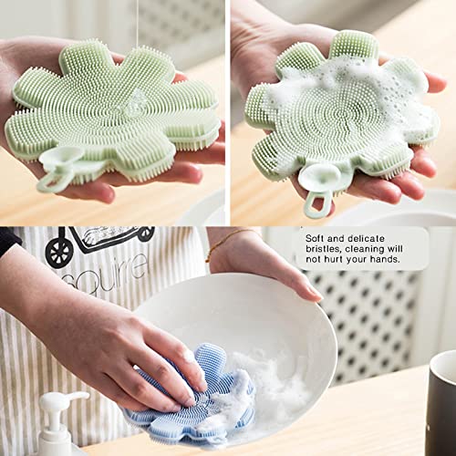 Image of 4 Pcs Silicone Sponge Dish Washing Kitchen Scrubber,Dishwashing Brush Silicone Kitchen Brush Flower Shape Cleaning Brushes for Home Restaurant (Random Color)