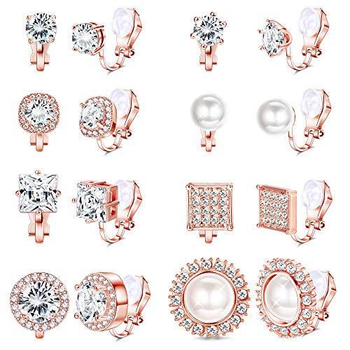 Thunaraz 8Pairs Cubic Zirconia Peal Clip On Stud Earrings For Women Simulated Diamond Halo Non Pierced Earring Womens Clip On Earrings Set for Anniversary