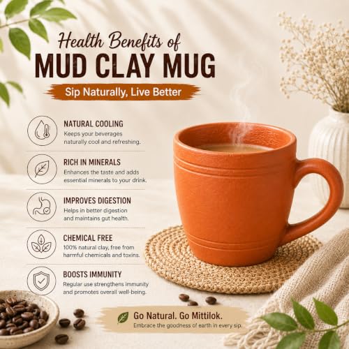 Image of Clay Coffee Mugs Set of 2 with Handle | Handmade Terracotta Tea Cups 375 ml | Natural Earthen Kulhad Mug for Tea, Coffee, Milk & Beverages | Eco-Friendly Mitti Cup Set for Home & Office Use
