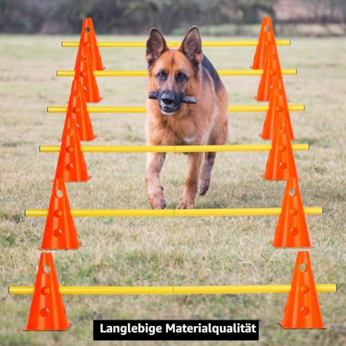 QWORK® Sports Steckhürdenset 12 Kegel + 6 Stangen Agility,23cm Höhe, 100cm Länge, Steckhürdenset für Koordinationstraining