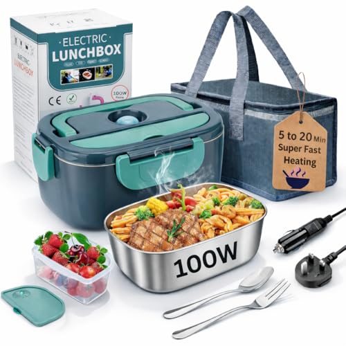 LyroX 100W Electric Lunch Box Fast Heating Food Warmer 1.5L Stainless Steel Container 3-in-1 Portable Heated Lunch Box for Car 12V/24V & Home/Office 220-240V Leakproof with Carry Bag & Accessories