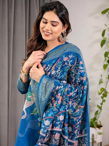 Image of ALMAARI FASHION Handloom Cotton Saree, Royal Blue with Floral Bird Print, Silver Zari Border, 5.5 Metres