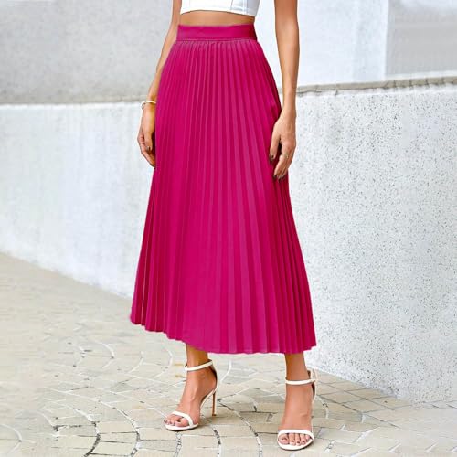 Women's Pleated Skirt Satin Flowy Swing A-Line Skirt Summer Casual Loose Solid High Waist Plus Size Midi Skirts3