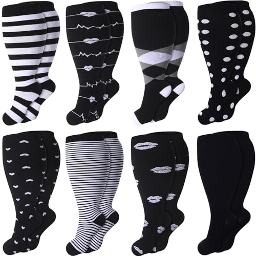 8 Pairs Plus Size Compression Socks for Women Men Wide Calf Extra Large Size Knee Support Socks for Circulation
