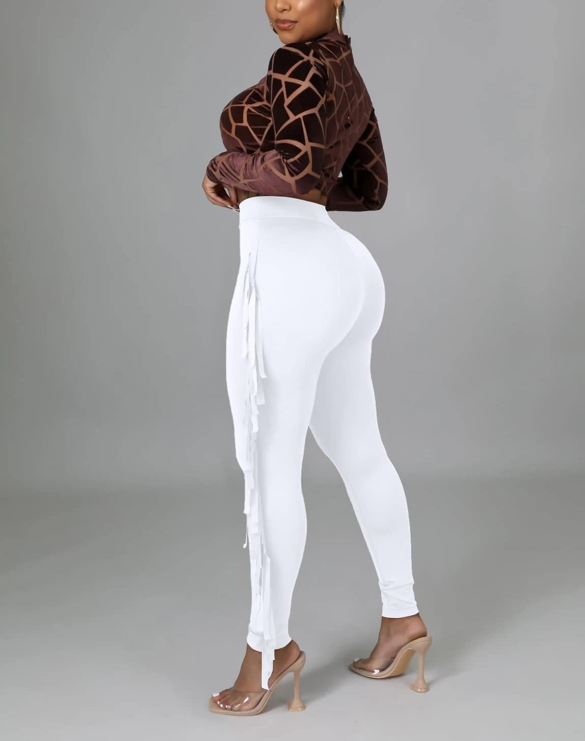 Choichic Women's Casual High Waist Fringed Pants With Elastic Waist - Bodycon Tassels Side Long Jogger Sweatpant - Image 4