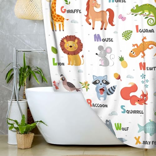 Image of Kids Alphabet Shower Curtain for Bathroom Decor, ABC Educational Learning Tool Bath Curtain,Cute Cartoon Animals Colorful Girls Boys Art Printed Fabric Polyester Waterproof Curtain Sets 12 PC Hooks