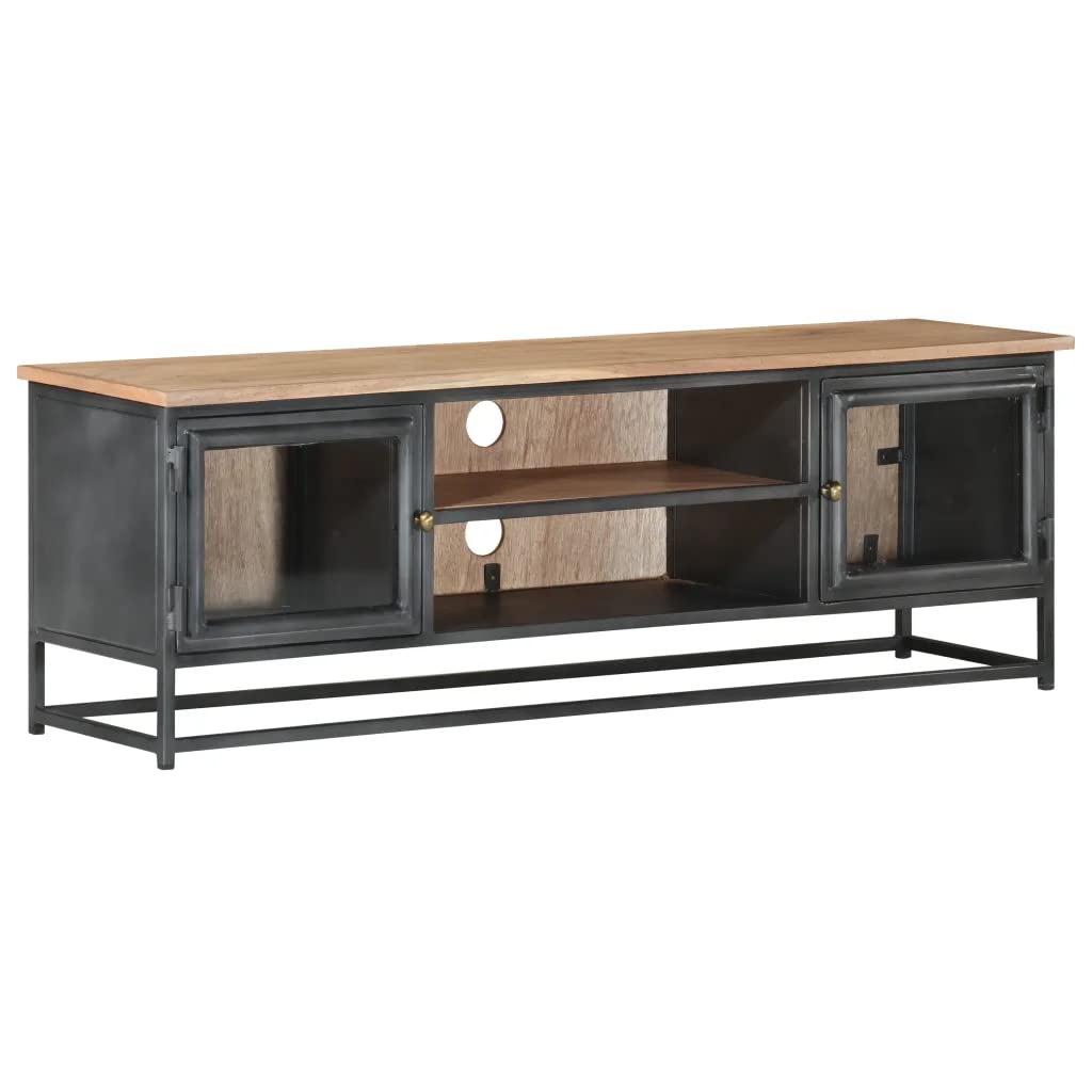 vidaXL Industrial-Style Solid Acacia Wood TV Stand with Steel Legs - Entertainment Cabinet with Glass Doors and Ample Storage Space - Gray