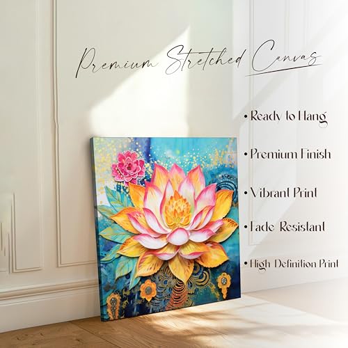 Image of PAINTINGMANTRA Modern Lotus Artwork Stretched Canvas Painting for Living Room | Abstract Floral Canvas Wall Decor Art For Livingroom, Bedroom, Office, Hallways - 22x22 Inch