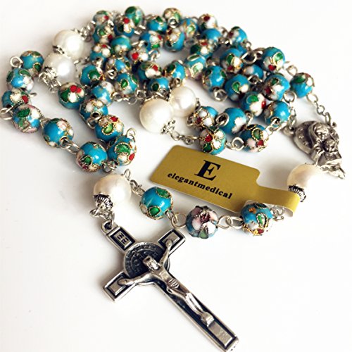 elegantmedical HANDMADE NICE Blue CLOISONNE & 10mm Pearl BEAD ROSARY NECKLACE Italy St.Benedict cross Box4