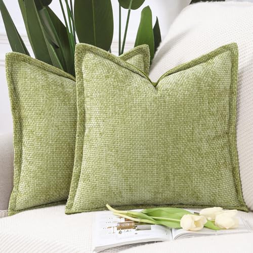 Image of MADIZZ Decorative Chenille Velvet Throw Pillow Covers Set of 2 Soft Boho Textured Neutral Couch Throw Pillow for Bed Modern Farmhouse Home Decor for Sofa Livingroom Light Green 18x18 Inch