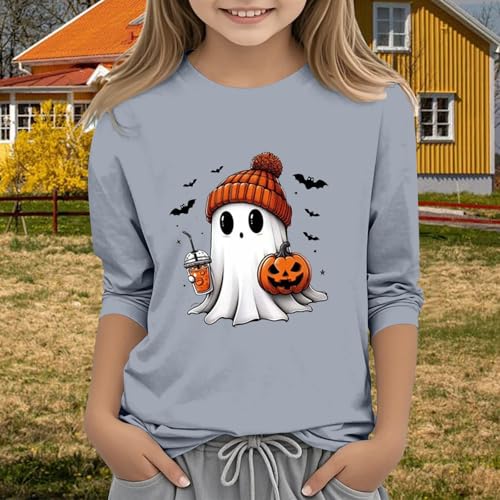 Kids Girls Halloween Shirts Youth Pumpkin Graphic Thanksgiving Party Tees Tops Teen Ghost Coffee Crewneck Cute Trendy Clothes2