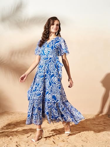 Image of Miss Chase Women's Floral V-Neck Flutter Sleeve Wrap Chiffon Maxi Dress