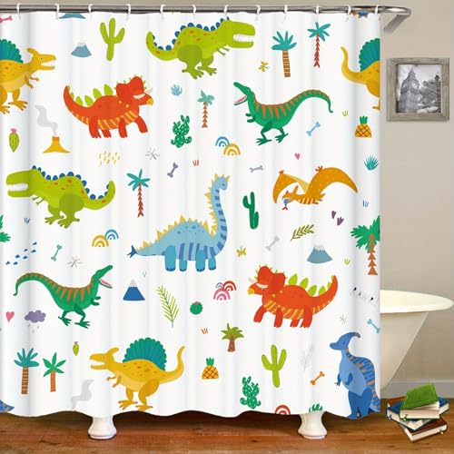 DDS-DUDES Dinosaur Bathroom Shower Curtain Set Funny Dino for Kids Shower Curtain Water Repellent Fabric Shower Curtains with Hooks 71x71 inches