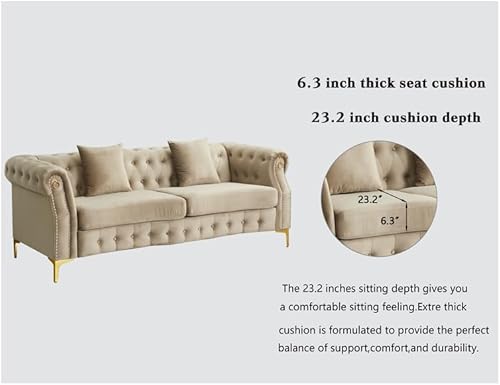 Miniatura 6 de Juego de 3 piezas para sala de estar, sofá de estilo mediados de siglo, sillón con botones copetudos, sofá biplaza con almohadas cuadradas y ribete