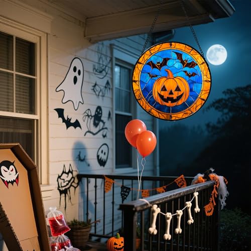 Image of Stained Glass Window Hanging - Halloween Evil Pumpkin Suncatcher for Doors Window Garden Indoor Spooky Brown Bat Sun Catchers Gothic Decor Horror Gifts for Women Men Friend Boy Girl 15 in
