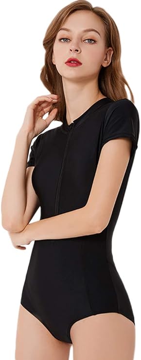 Micosuza Womens Rash Guard Short Sleeve Zip Printed One Piece Swimsuit