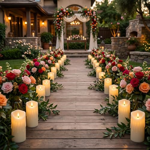 Image of 9 Pcs Flickering Flameless LED Pillar Candles, (D 3 inch x H 3 inch 4 inch 5 inch 6 inch 7 inch) Battery Operated with Remote Plastic Wax Drip Fake Candles for Home Wedding Holiday Decor,Ivory
