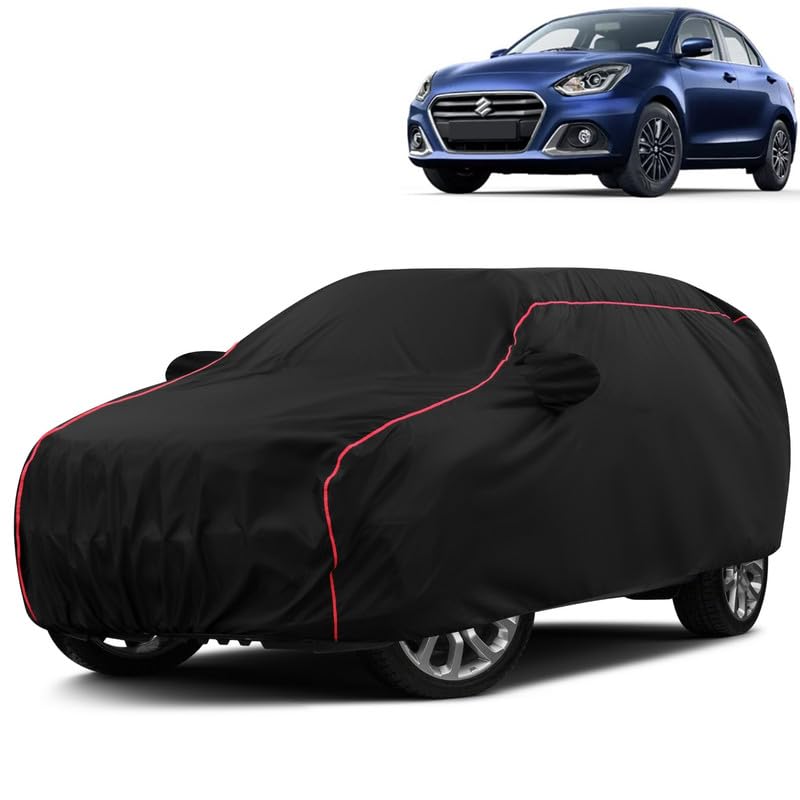 VOICO Water-Resistant Dustproof Car Cover for Maruti Suzuki Swift Dzire – Mirror Pocket, UV Protection, Scratch Guard, Buckle Belt, Front & Back Bottom Elastic with Red Piping – Black