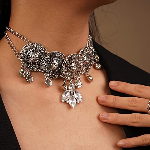 Yertter Vintage Ethnic Style Statement Choker Silver Disc Around Rhinestone Pendant Choker Collar Zircon Pendants Adjustable Necklace For Women Girls Cosplayers Speacial Day Prom Party #TOP3