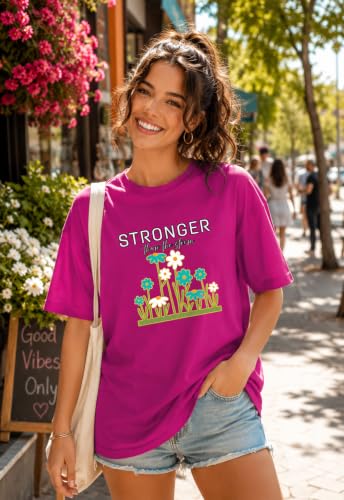 Image of Oversized T-Shirt for Women, 100% Cotton, Pink, Graphic Print 'Stronger Than the Wind', Ovesized Fit