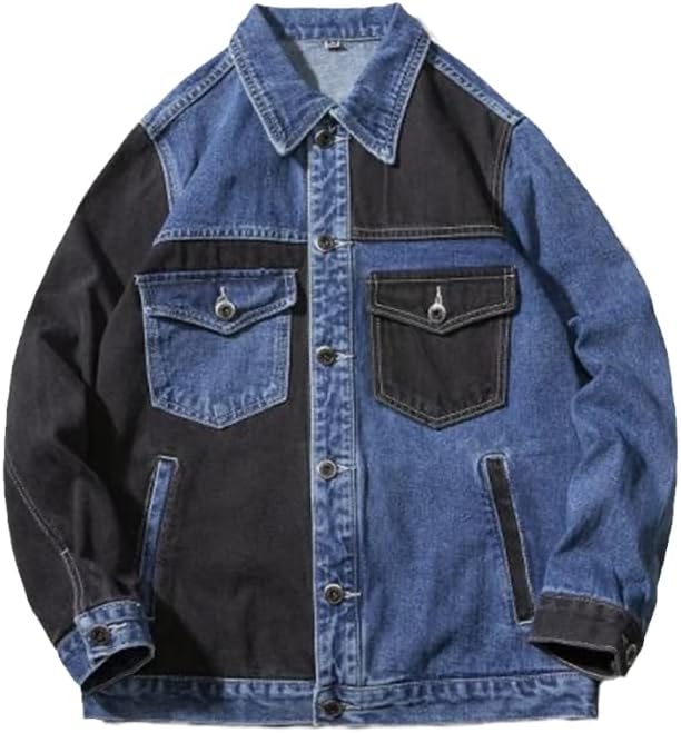 Hip Hop Men Blue Black Patchwork Color Denim Turn Down Collar Spring Autumn Casual Mens Jean Jacket