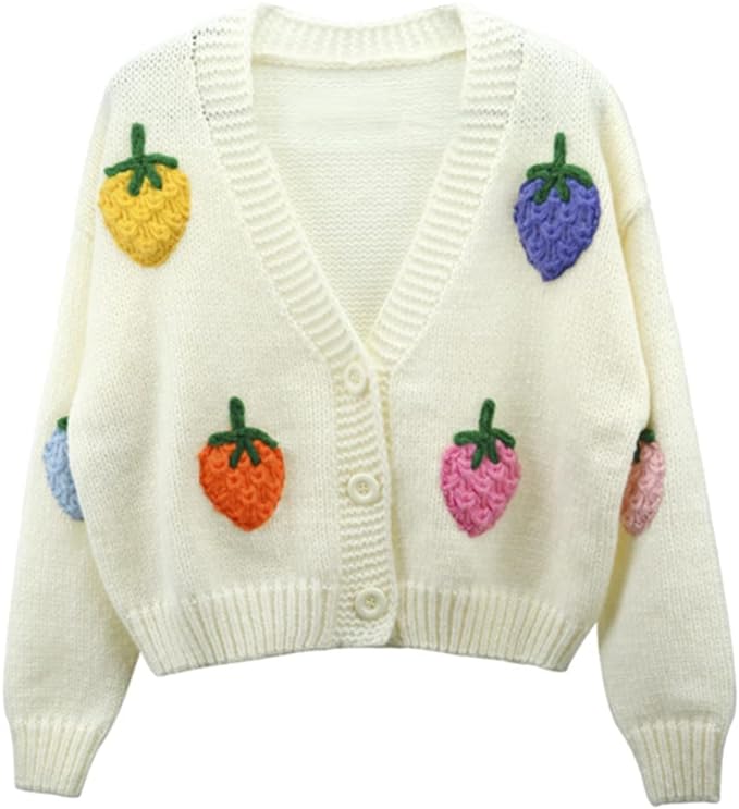 HOULENGS Women's Strawberry Print Button Down Long Sleeve V Neck Crop Cardigan Sweater