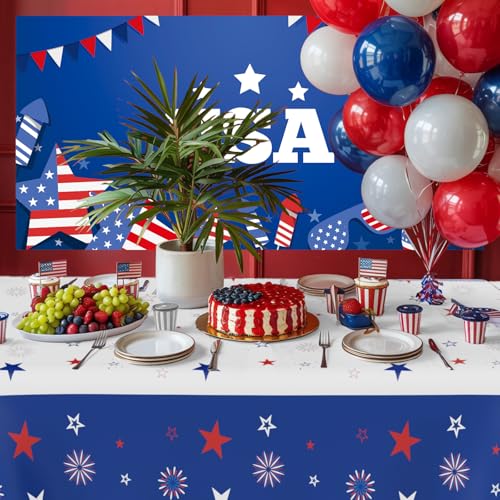 Image of 4th of July Tablecloth, 6 PCS Red White and Blue Patriotic Tablecloths(54x108 Inch) Independence Memorial Day American Flag Decorations Table Cloth Cover for Picnic Camping Party Dinner Table Decor