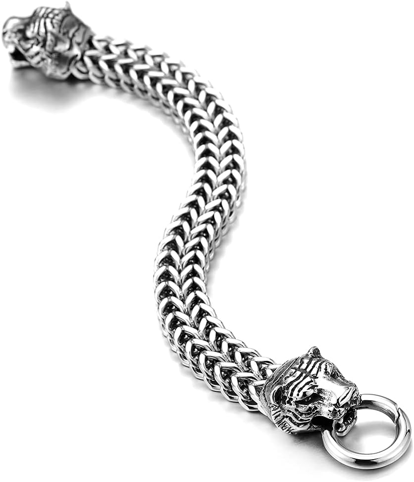 COOLSTEELANDBEYOND Mens Steel Franco Link Curb Chain Bracelet with Vintage Tiger Head Spring Ring Clasp 8.5 Inches