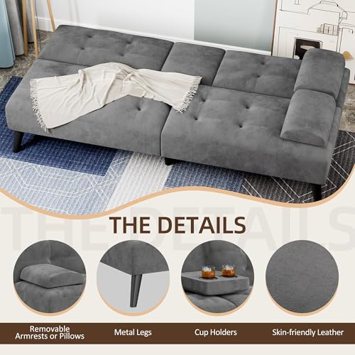 Image of Shintenchi Futon Sofa Bed, Velvet Foldable Couch, Reclining Sleeper with Removable Armrests, Upholstered Loveseat Sofa Couch with Folding Cup Holders for Home, Office, Gray