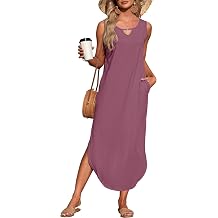 Womens Summer Maxi Dress Sleeveless Casual Loose Long Beach Sundress Split Dresses with Pockets