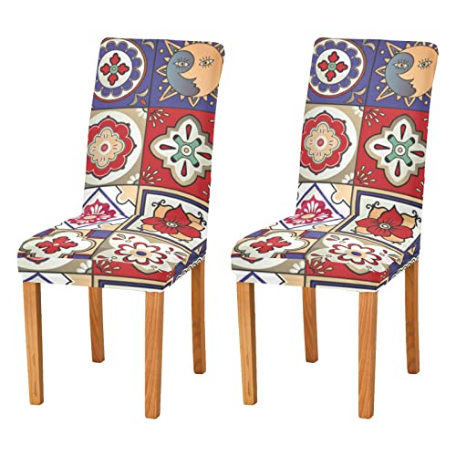 Mexican Talavera Dining Chair Covers Set Of 2 Washable Removable Chair Slipcover Stretch Dining Chair Seat Cover For Dining Room Ceremony Party Holiday Decor #TOP7