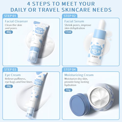 RodPere Milk Skin Care Routine Set For Girls, Teen Skin Care Gift Set With Cleanser, Serum, Cream, Eye Cream, Face Skincare Travel Kit For Kids Ages 8-12, Shrink Pores, Hydrating