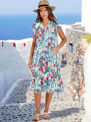 Image of ANRABESS Womens Summer Dress Ruffle Sleeve V Neck Midi Dresses Fashion Casual Fit Flowy Tiered Boho Beach Vacation Sundress