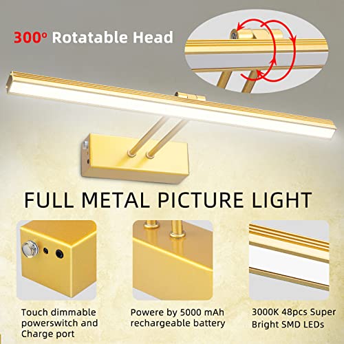 FUNCHDAY Picture Light,Battery Operated Picture Light for Wall,Wireless Remote Painting Light with Timer and Dimmable,16”Metal Art Light for Display,Wall,Artwork,Portrait,Gallery Gold-6000K