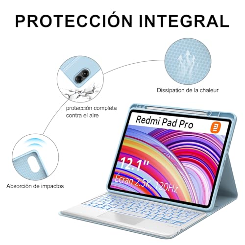 Funda con teclado Redmi Pad Pro 12.1 y Xiaomi Poco Pad con bluetooth desmontable azul 7