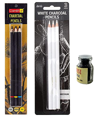 White Charcoal Pencil Set | Camlin Charcoal pencil Set | Black Charcoal Powder for Drawing/Sketching