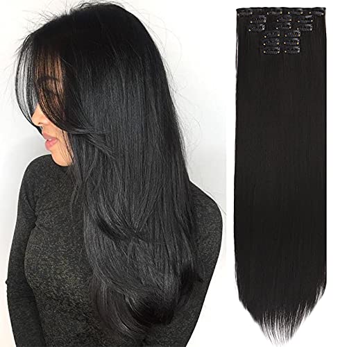 Straight Clip in Hair 130g/6Pcs Extensions for Women Full Head Natural Black Hair Extensions Clip in Hair for Black Women Girls Double Weft Synthetic Hair