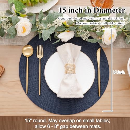 Image of SHACOS Round Placemats Set of 6 Washable 15 inch Circle Polyester Woven Braided Place Mats for Dining Table Indoor Outdoor Table Mats Home Party Wedding Decor (Navy, 6)