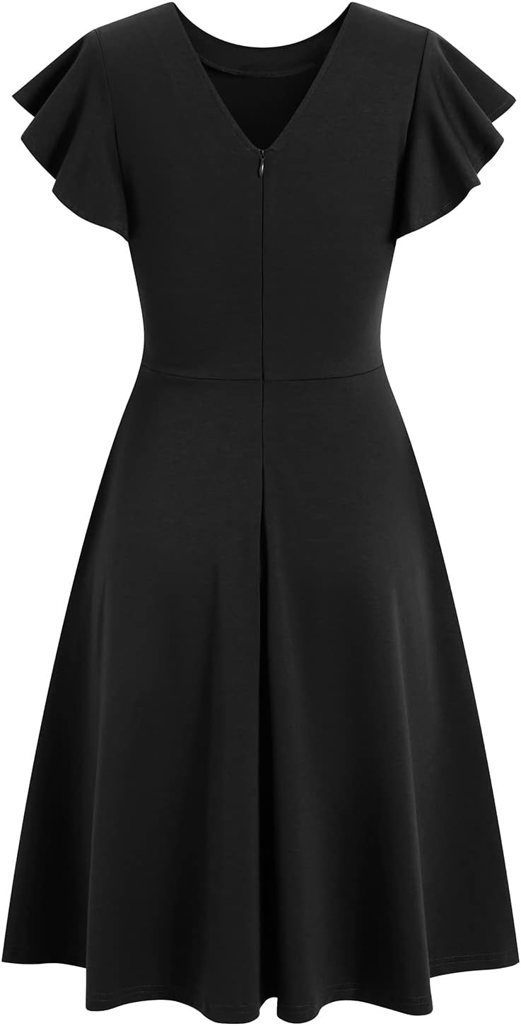 HELYO Women's Semi-Formal Ruffle Sleeves V-Back Work Fit and Flare Cocktail Knee Length Dress with Pockets 842 - Image 5