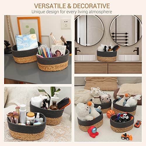 Lannvan Aufbewahrungskorb 4er Set aus Wasserhyazinthe und Baumwolle,Körbe Korb Geflochten Körbe Aufbewahrung Storage Basket Aufbewahrungskörbe für Bad Badezimmer Kinderzimmer Wickeltisch,Grau